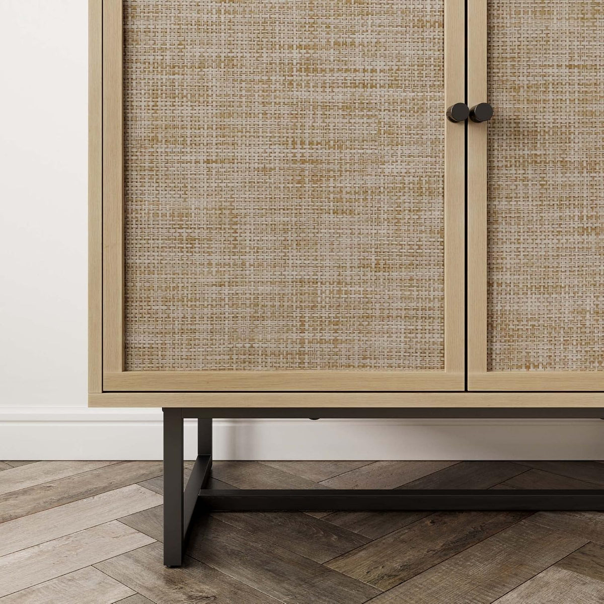 Nathan James Kova Accent Sideboard Storage Cabinet in Light Wood and Rattan with Metal Frame, Adjustable Shelves and Cane Doors, for Hallway, or Living Room, Light Oak/Cane/Black