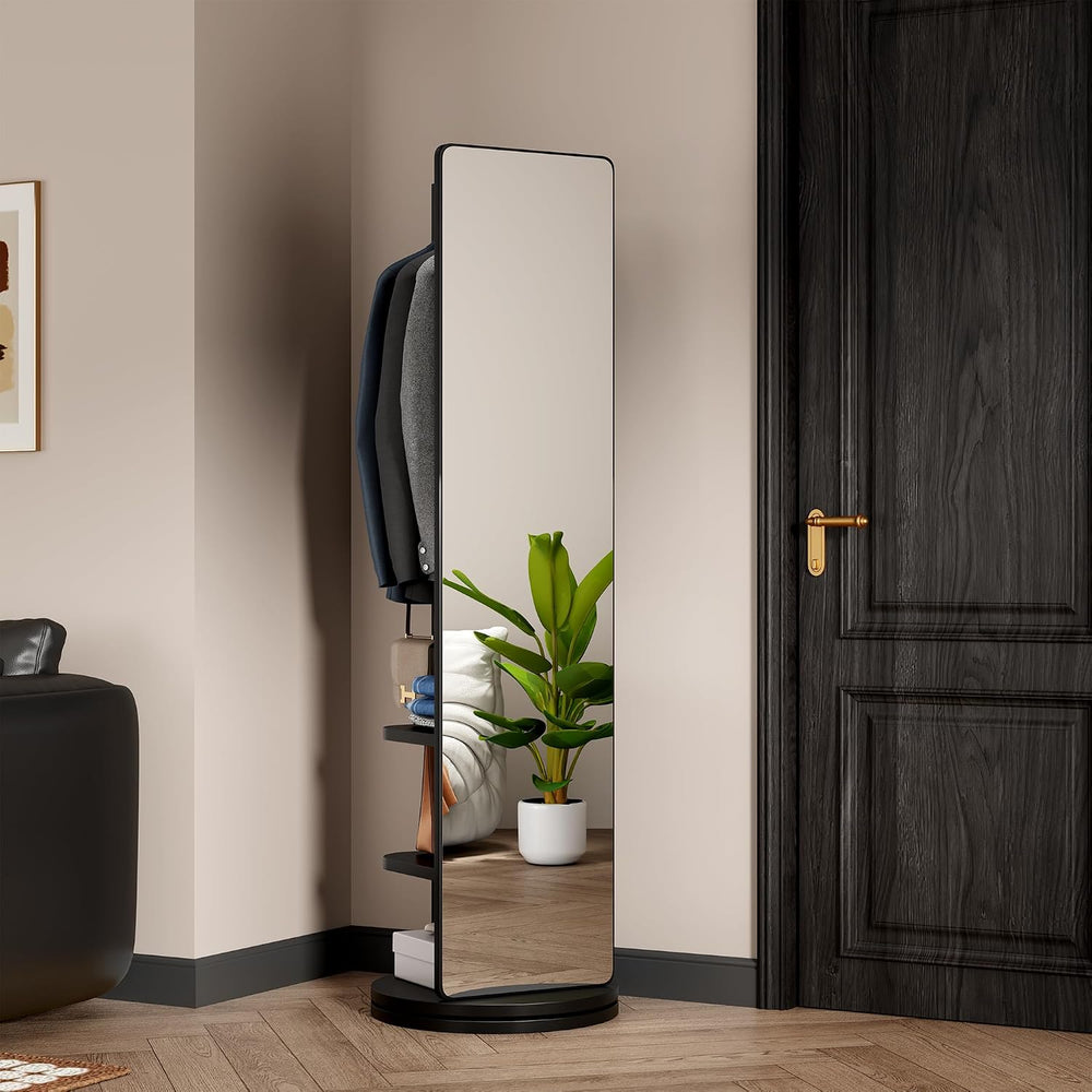 66" 360° Rotating Full Length Mirror with Hooks & Storage Coat Rack