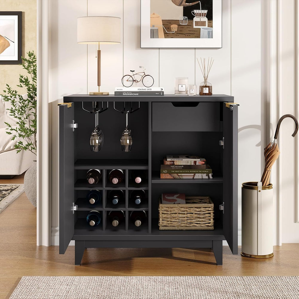 Vabches Modern Fluted Coffee Bar Cabinet with Removable Wine Rack, Black