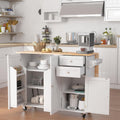HOMREST 50.4" Kitchen Island with Drop Leaf & Power Outlet, Farmhouse Rolling Island Cart with 3 Spices Shelves on Wheels, Mobil Kitchen Island Table with Rubberwood Countertop Towel Rack, White