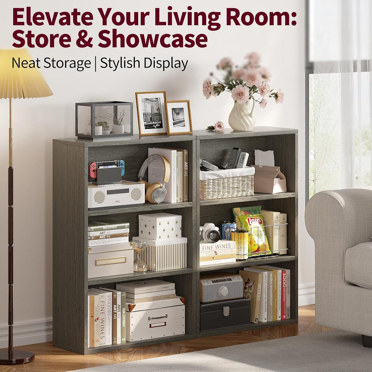 ALISENED 3-Tier Bookshelf, 23.6 × 9.4 × 35.2in, Small Bookshelf