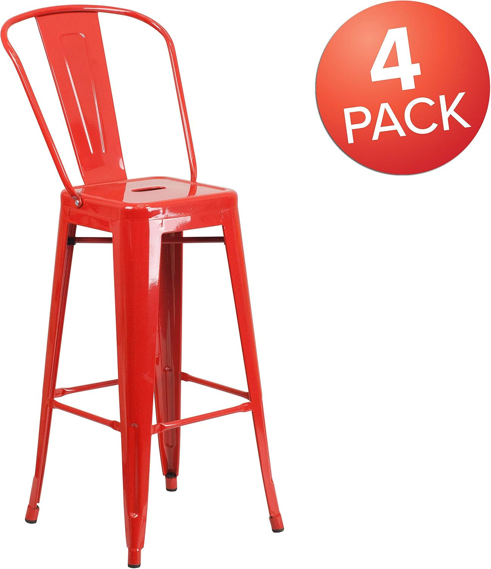 EMMA + OLIVER 30" Red Metal Indoor/Outdoor Barstool with Back, 4-Pack