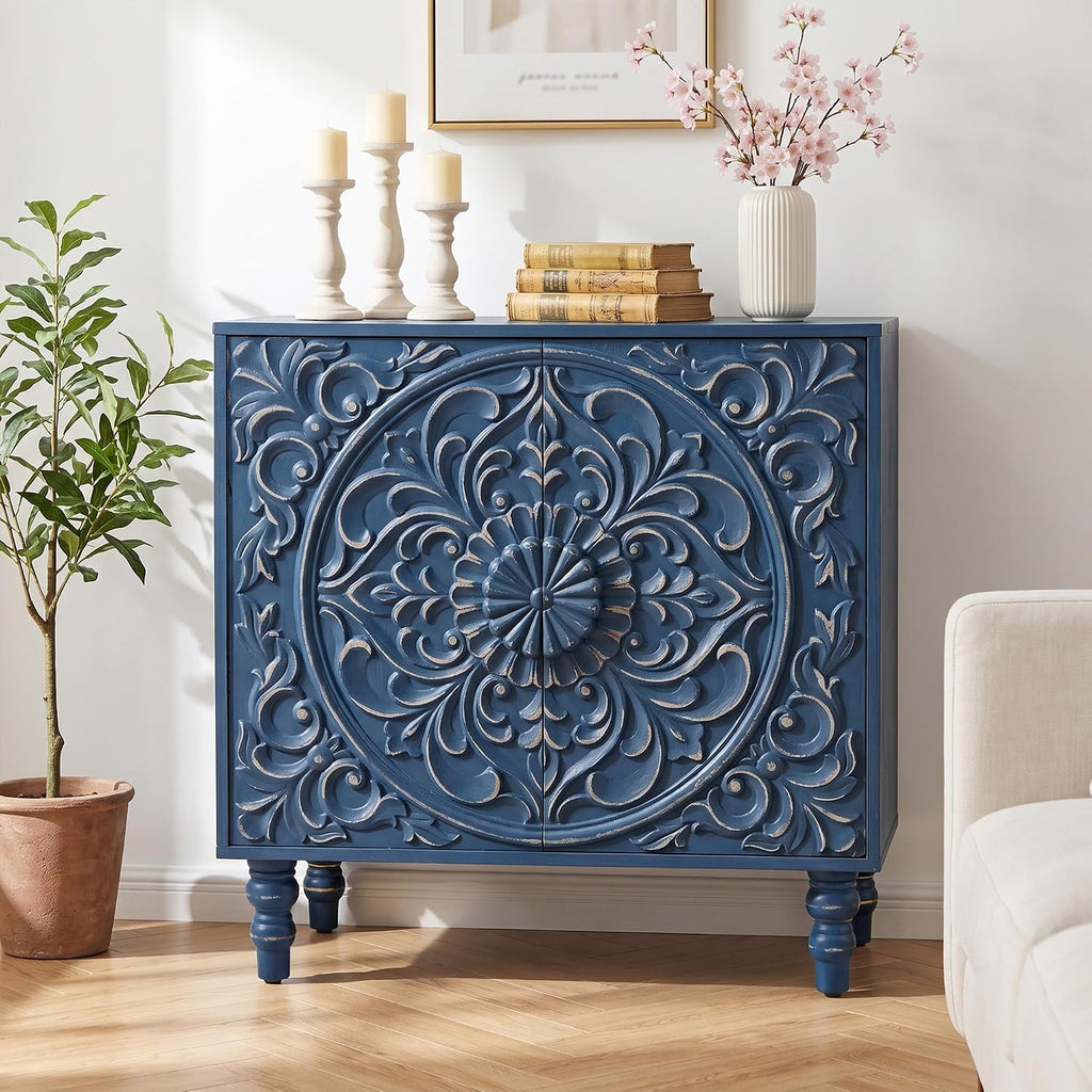 Blue Distressed Carved Accent Cabinet,2 Door Storage Sideboard for Entryway