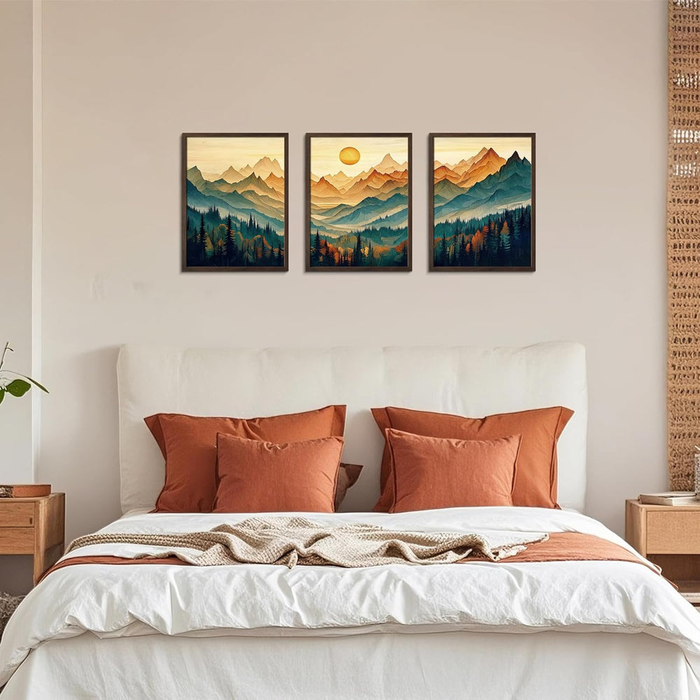 Mountain Wall Art Set of 3, Landscape Wall Decor, Teal Orange Forest Canvas P...