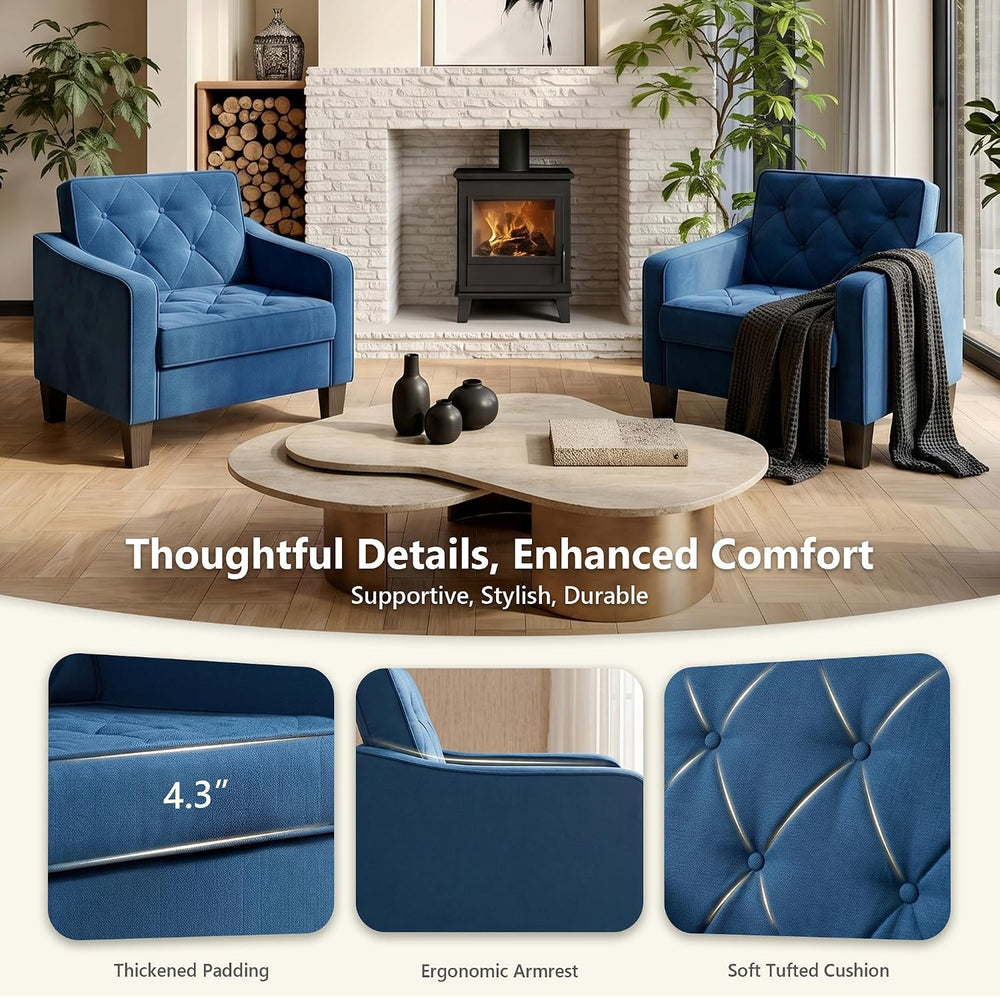 Blue Accent Chairs set 2, Wide Comfy Arm Chair Living Room, Bedroom, Office