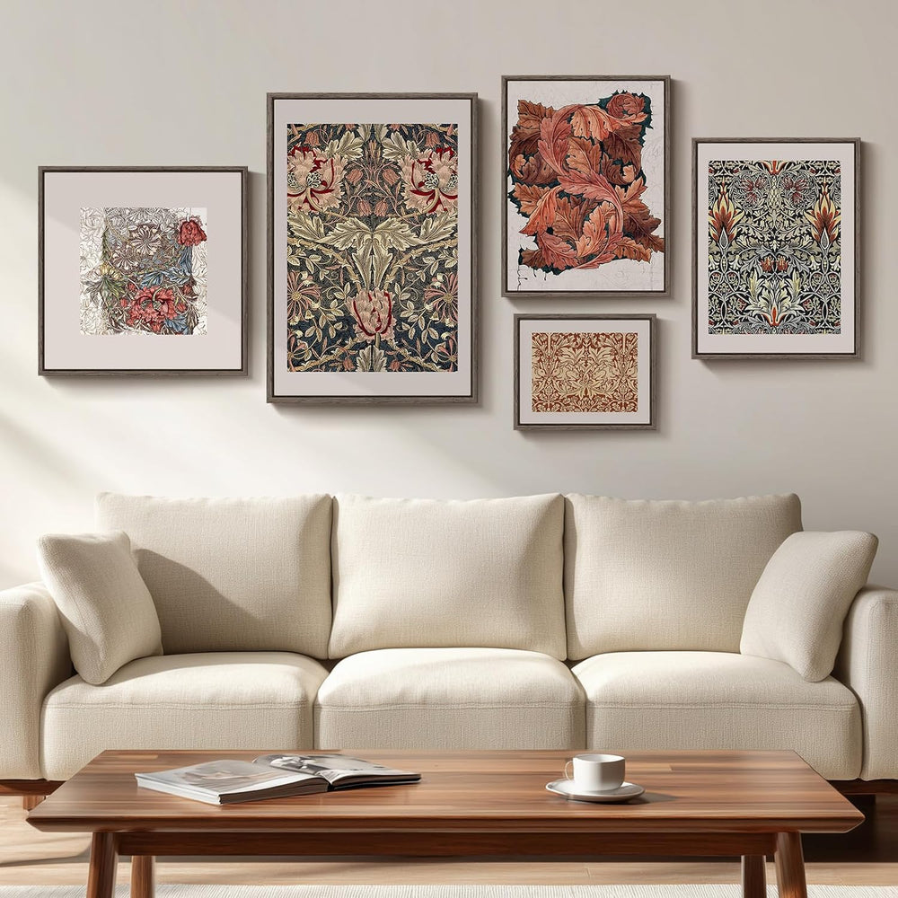 Large Framed William Morris Vintage Wall Art for Living Room, 5 Piece