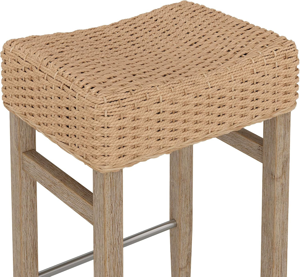 Nathan James Harvey Rattan Bar Stool, Bohemian Counter Height Stool with Woven Seagrass Seat, Solid Wood Legs, and Metal Footrest Seagrass/Brushed Gray, Set of 4