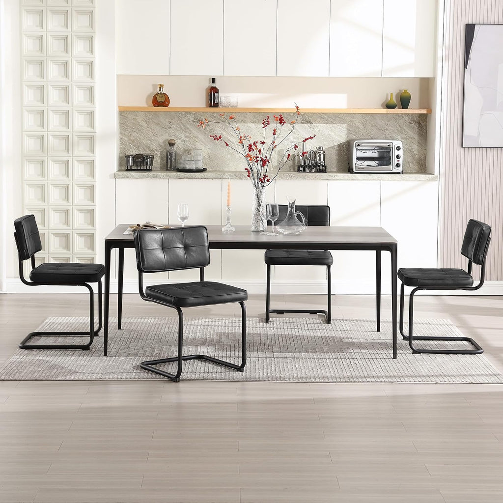 Zesthouse Industrial Metal Dining Chairs Set of 4, Upholstered Faux Leather Kitchen Chairs with Black Metal Base, for Kitchen & Dining Room Living Room, Mid Century Breuer Design Inspired, Black