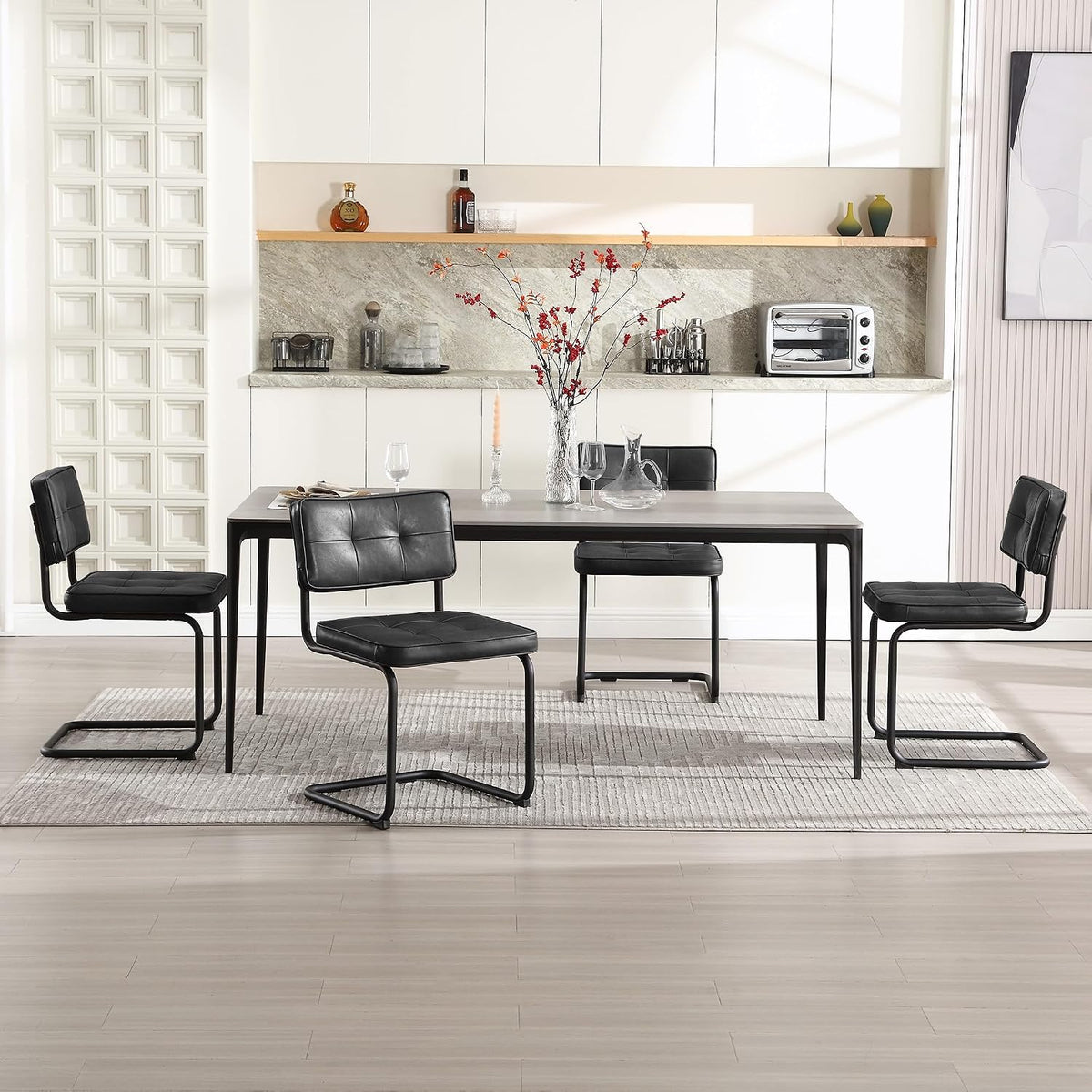 Zesthouse Industrial Metal Dining Chairs Set of 4, Upholstered Faux Leather Kitchen Chairs with Black Metal Base, for Kitchen & Dining Room Living Room, Mid Century Breuer Design Inspired, Black