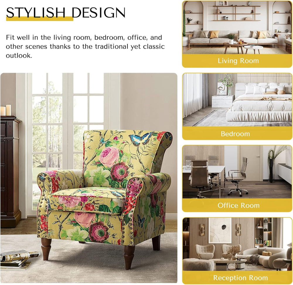 HULALA HOME Traditional Floral Accent Chair with Solid Wood Legs, Mustard