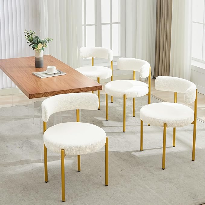 Boucle Dining Chairs Set of 4, Mid Century Modern Dining Room Chairs with Barrel Backrest, Upholstered White Kitchen Chairs for Dining Room, Restaurant, Gold Metal Frame
