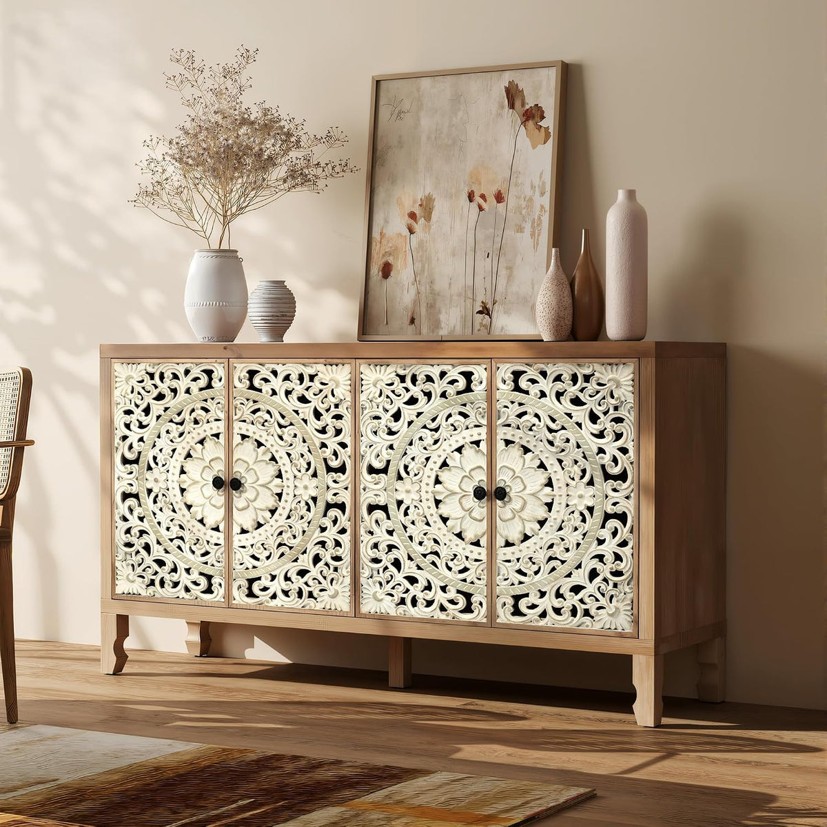 59" Solid Wood Buffet Cabinet, Accent Cabinet with 4 Carved Doors