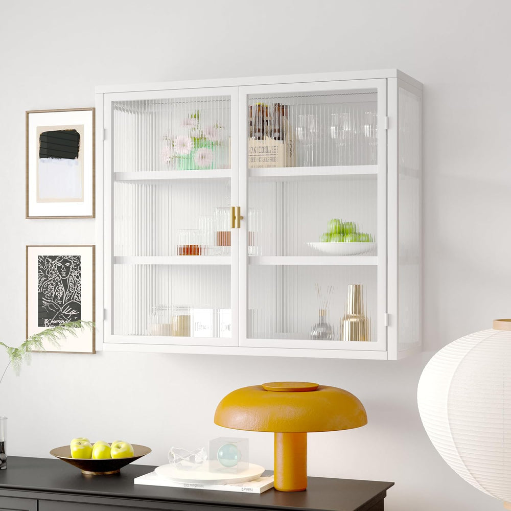 Retro Style Haze Double Glass Door Wall Cabinet with Detachable Shelves for O...