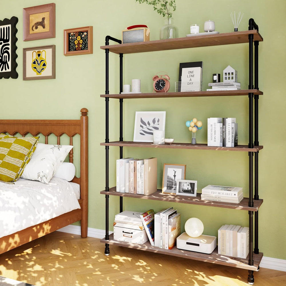 Industrial Bookshelf, Pipe Shelf Bookcase, 5 Tier, 48" Weathered Brown