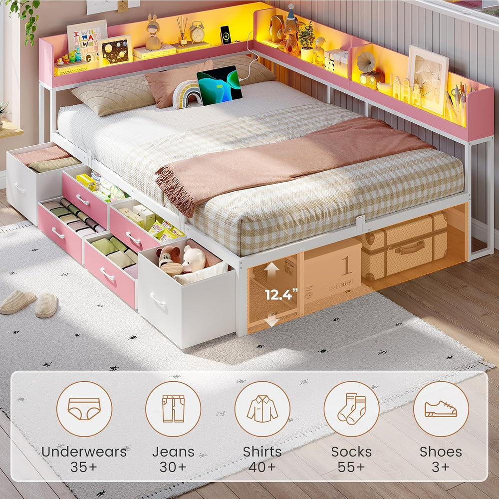 Corner Bed Frame with 6 Drawers, Full Size Day Bed with Bookcase Storage