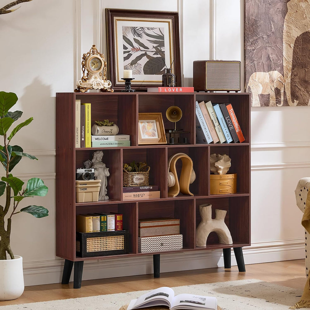 LEYAOYAO 10 Cube Bookshelf, Mid-Century Modern Book Shelf with Legs, Walnut