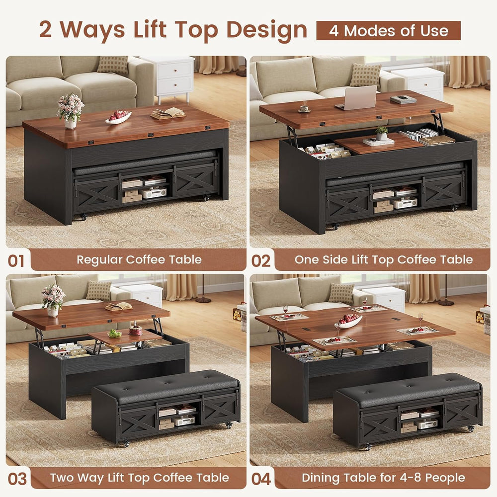 Itaar Lift Top Coffee Table with Storage Bench, Farmhouse Convertible Coffee ...
