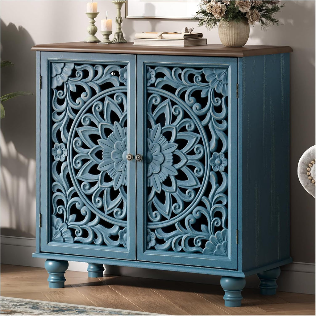 JOINICE 31" Accent Storage Cabinet with Doors for Living Room,Blue & Walnut