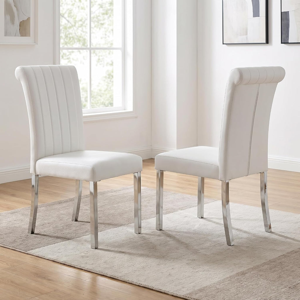 ACEDÉCOR White Faux Leather Dining Chairs Set of 2 with Silver Metal Legs