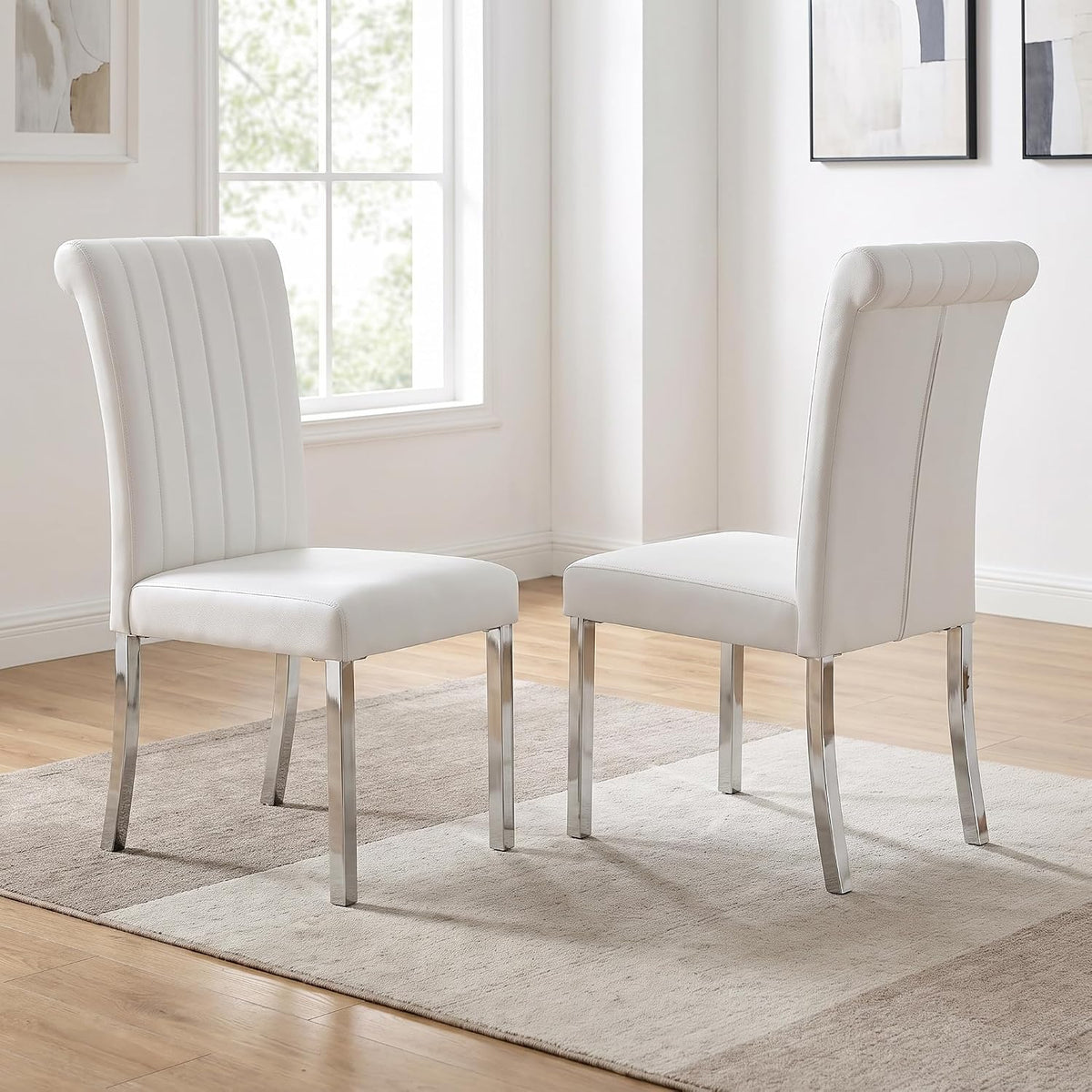 ACEDÉCOR White Faux Leather Dining Chairs Set of 2 with Silver Metal Legs