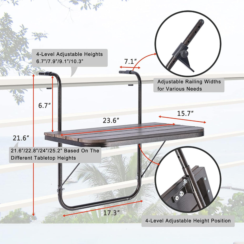 Balcony Railing Table Outdoor Hanging Folding Brown Aluminium Metal Side Table Adjustable 23.6"L x 15.7"W