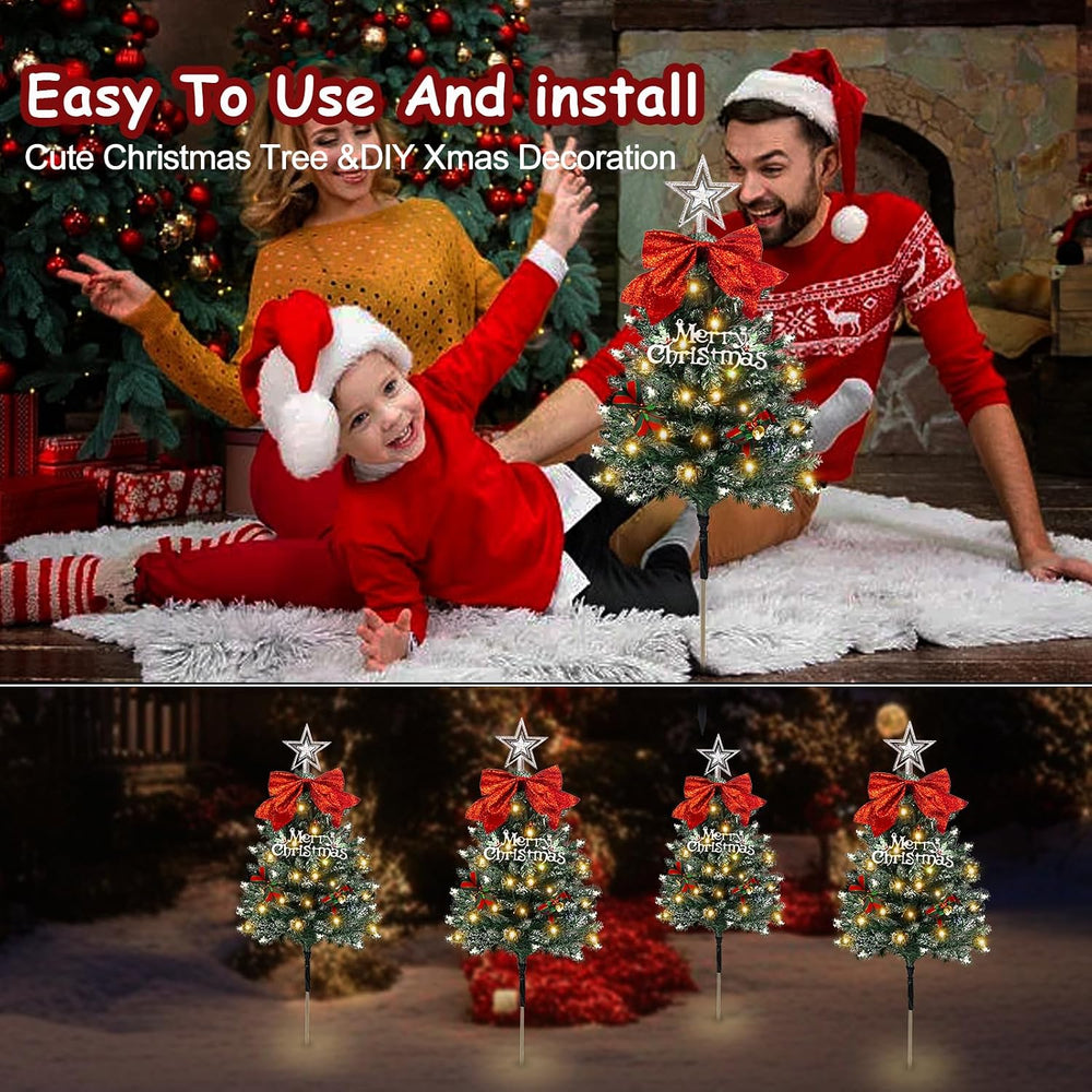 Christmas Tree Solar Pathway Lights Outdoor Decor, 4 Pack, Snowy