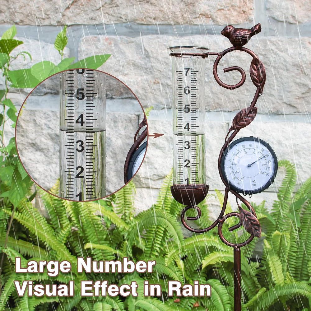 36in Bird Rain Gauge Thermometer Bronze Metal Garden Stake Decor