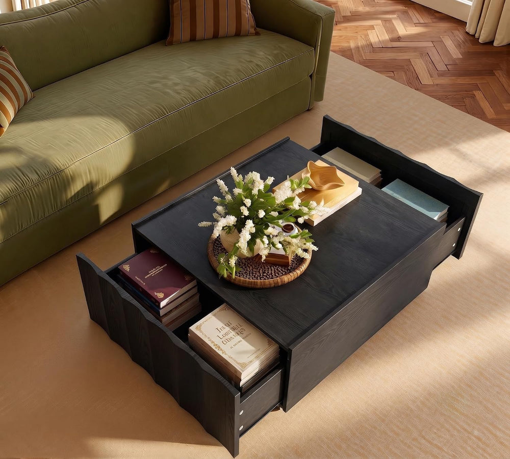 win2win Square Coffee Table with Storage, Wave Design, Black
