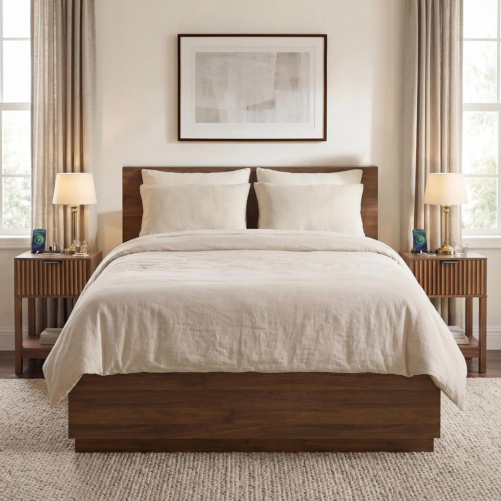 Nasonet Night Stand Set 2, Fluted Nightstand with Charging Station, Wood Beds...