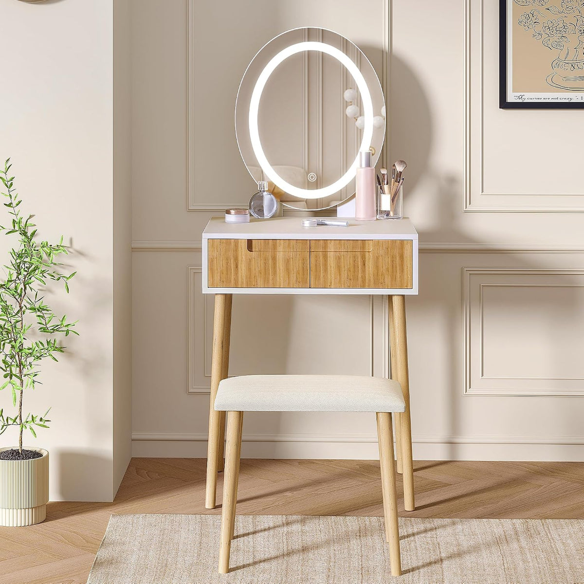 Pamapic Small Makeup Vanity Desk with Mirror and Lights, Girls Vanity with Cushioned Stool, 3 Lighting Modes Dressing Table, Compact Make Up Table with Drawers Bedroom, Natural Oak