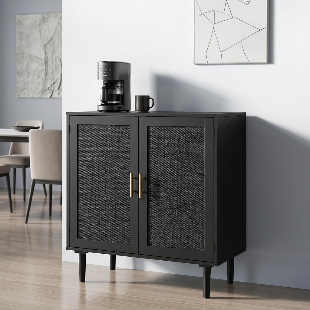 Finnhomy Sideboard Buffet Kitchen Storage Cabinet with Black Painted Rattan Decorated Doors, Dining Room, Hallway, Cupboard Console Table, Liquor/Accent Cabinet, 31.5X 15.8X 34.6 Inches, Black