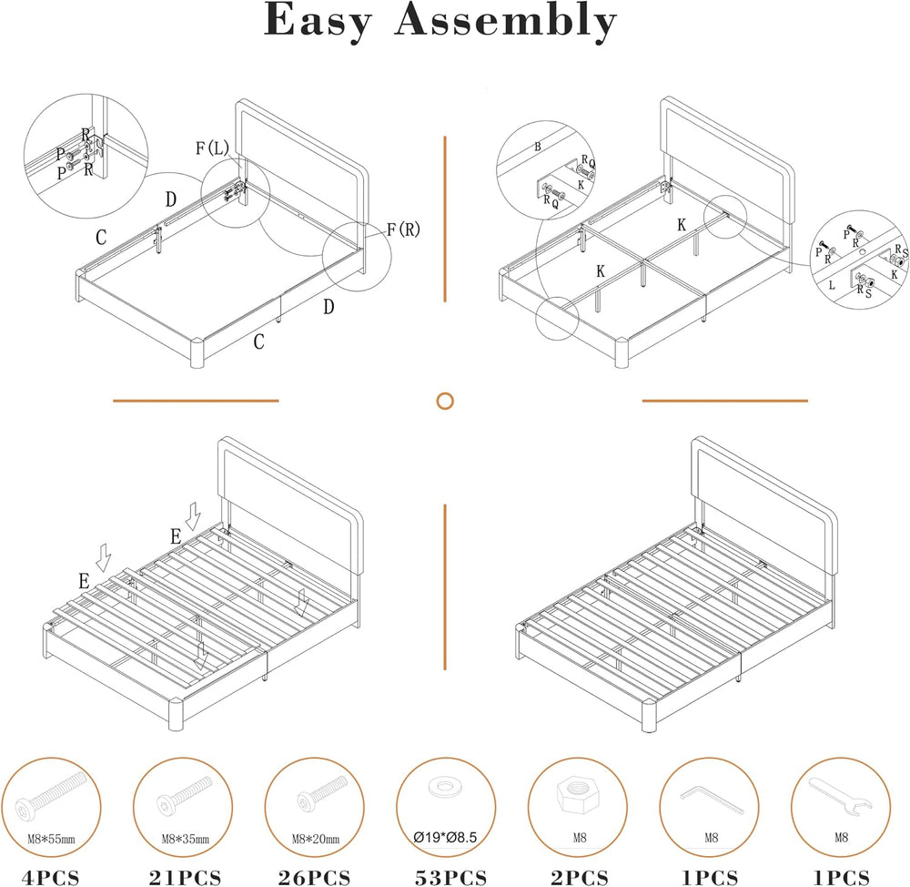 Queen Size Bed Frame with Headboard, Luxury Velvet Fabric Upholstered Bed fra...