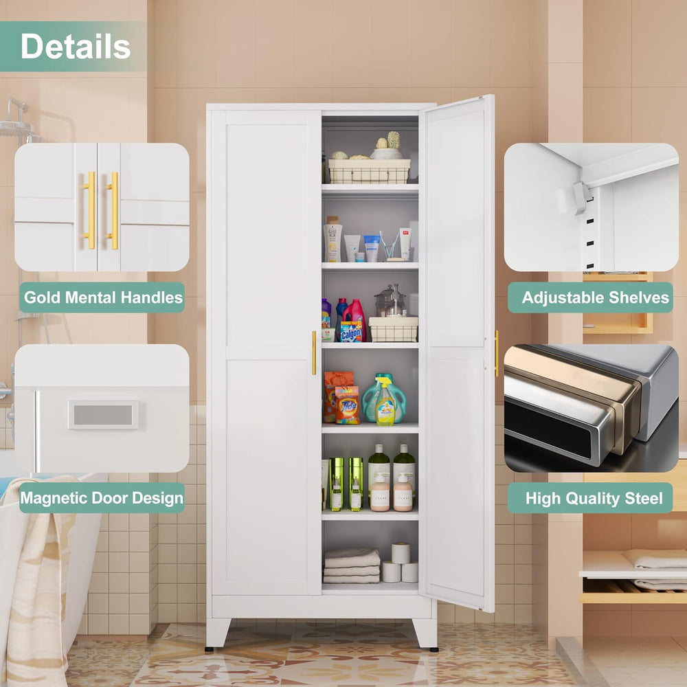 Metal Pantry Cabinet with 2 Doors and 5 Adjustable Shelves, 75"Kitchen S...