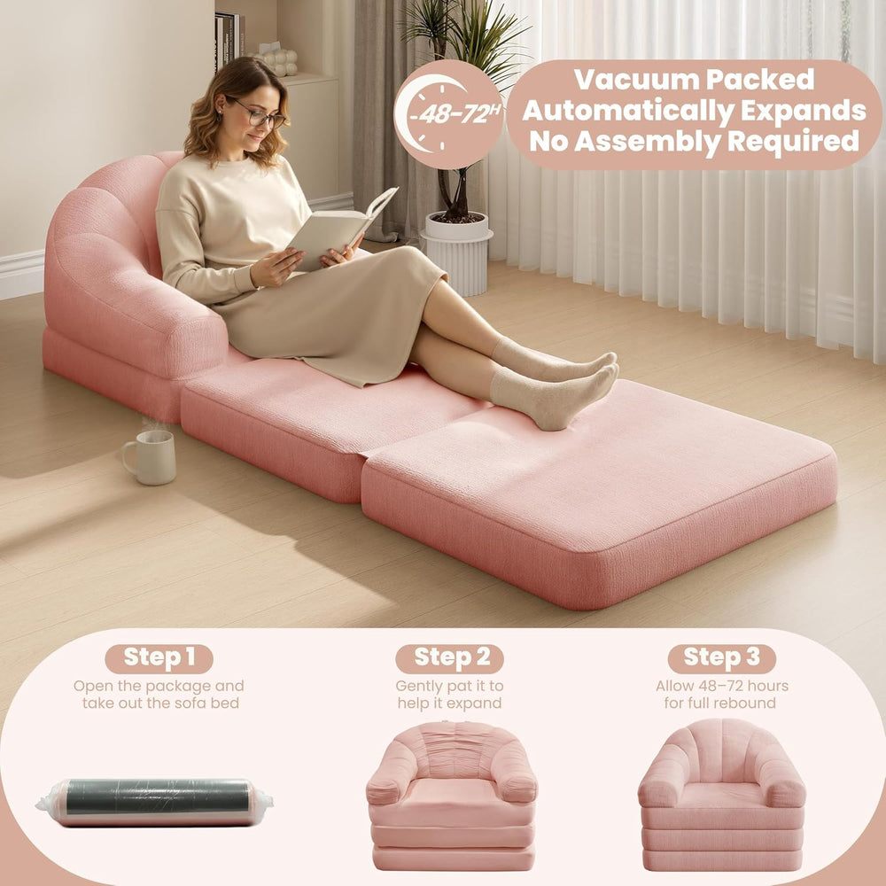Yaheetech 93" Folding Sofa Bed Convertible Sofa Chenille, Pink