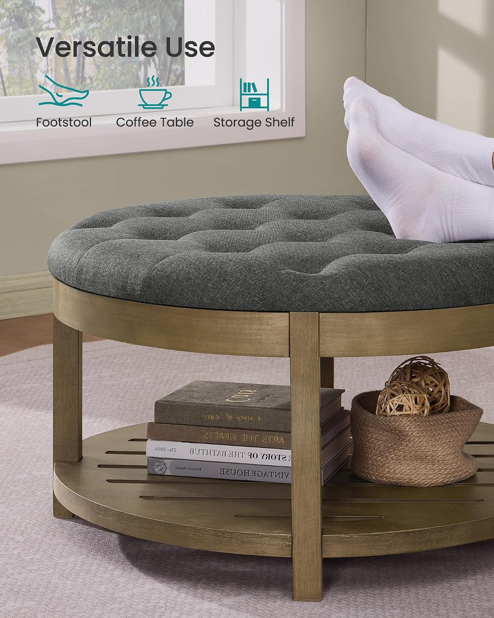 SONGMICS Round Coffee Table with Storage, Solid Wood Frame