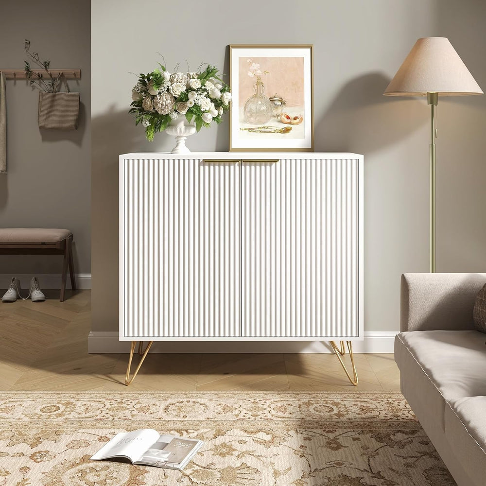 Storage Cabinet with 2 Fluted Doors and Adjustable Shelves, White丨Modern Wood...