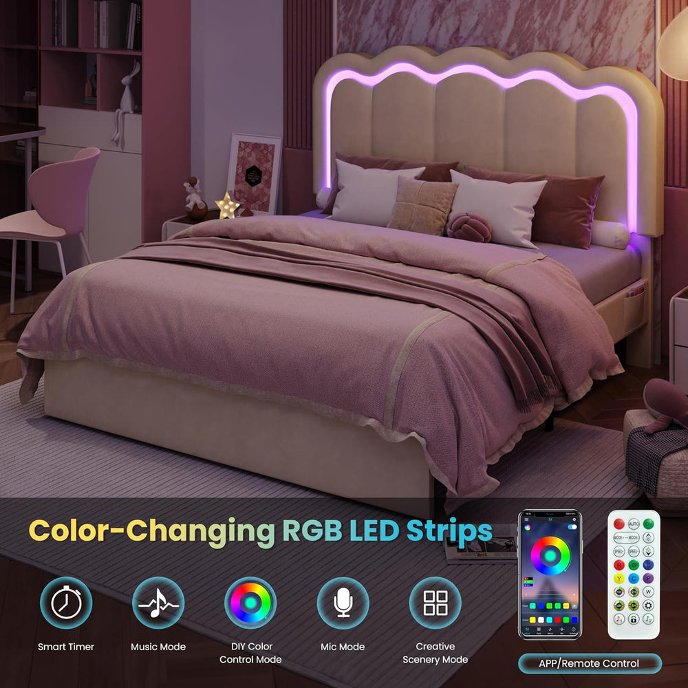 SHA CERLIN Full Size Bed Frame with LED Lights and Storage Drawer, Cream