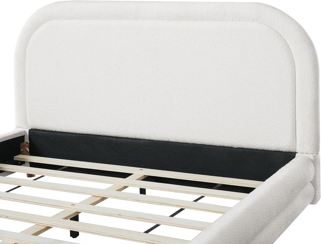 Virubi Queen Size Boucle Upholstered Bed Frame with Boucle Upholstered Thick Curved Headboard, Modern Half-Round Design Platform Bed with Solid Wood Legs, White (Queen)
