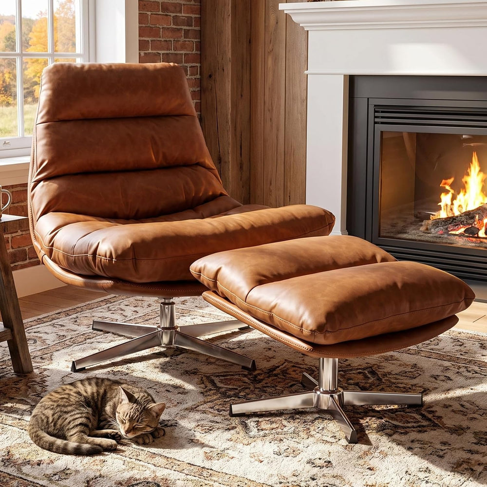 BESTANO Swivel Accent Chair with Ottoman, Mid Century Modern Faux Leather Lou...
