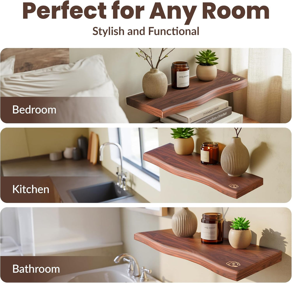 Live Edge Floating Wall Shelf – Solid Wood for Farmhouse, Modern, or Rustic H...