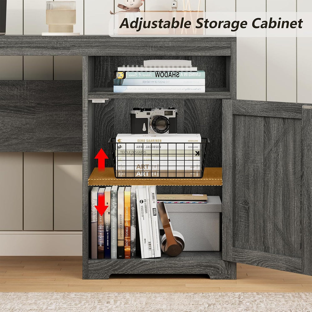 63" Farmhouse L Shaped Desk with Drawers & Printer Shelf for Home Of...