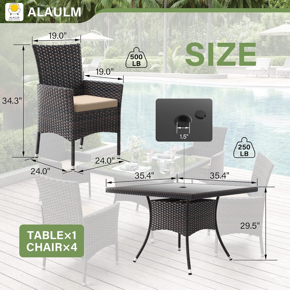 ALAULM 5 Piece Patio Dining Set All-Weather Wicker Outdoor Furniture Set w/Te...
