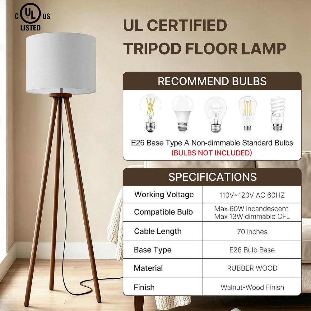 Buruis 60.6 Inch Walnut Wood Tripod Floor Lamp with Linen Drum Shade, Cream