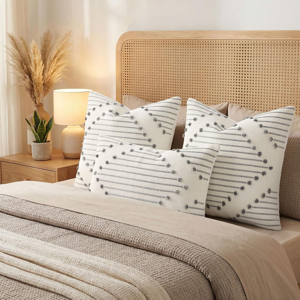 Mecatny Boho Outdoor Throw Pillow Covers 18x18 Set of 2 Grey & Cream White