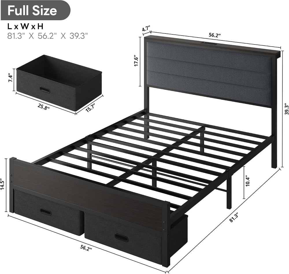 LIKIMIO Full Size Bed Frame with 2 Storage Drawers, Upholstered Headboard