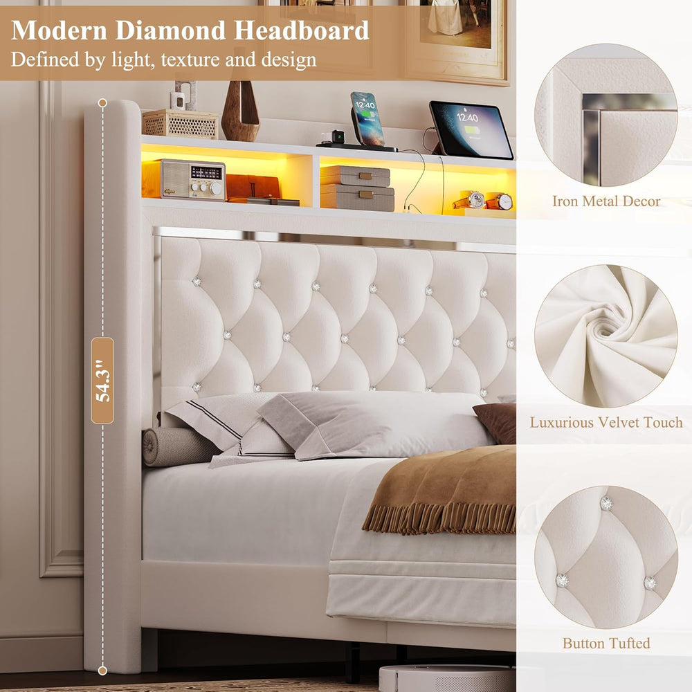 Keyluv Queen Velvet LED Bed Frame with 2 Drawers & Charging Station, Beige