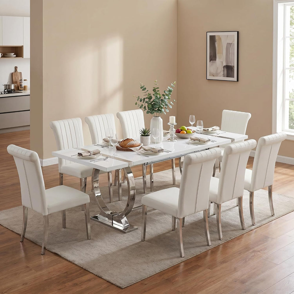 ACEDÉCOR White Faux Leather Dining Chairs Set of 2 with Silver Metal Legs