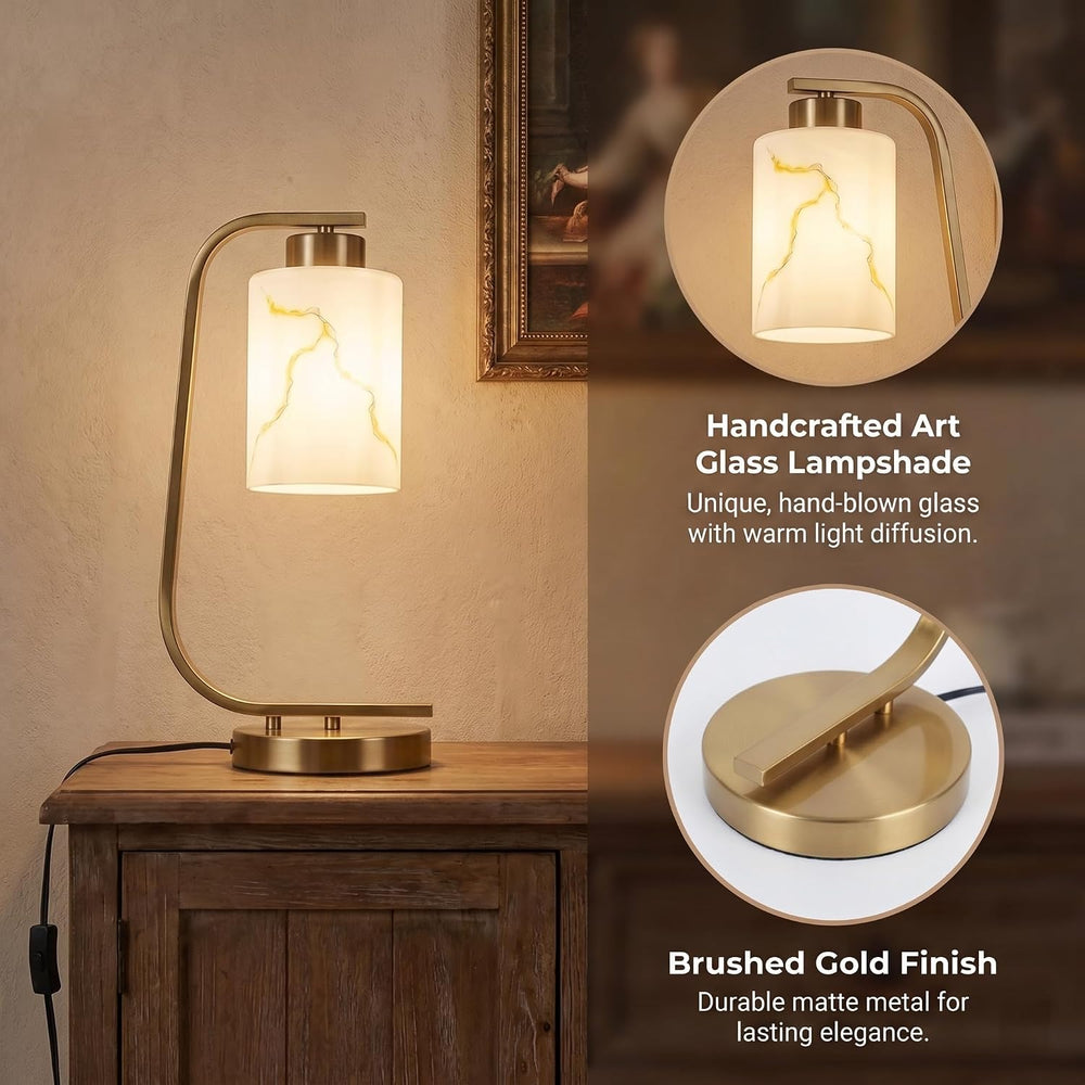 Modern Industrial Table Lamp, Marble Pattern Glass Shade Desk Lamp with C-Sha...