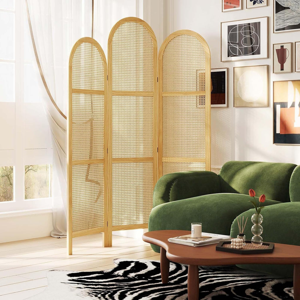 3-Panel Hand-Woven Rattan Room Divider, Tall Foldable Privacy Screen with Wooden Frame - Freestanding Portable Partition for Home Office, Bedroom, Bathroom(Natural-Wave)
