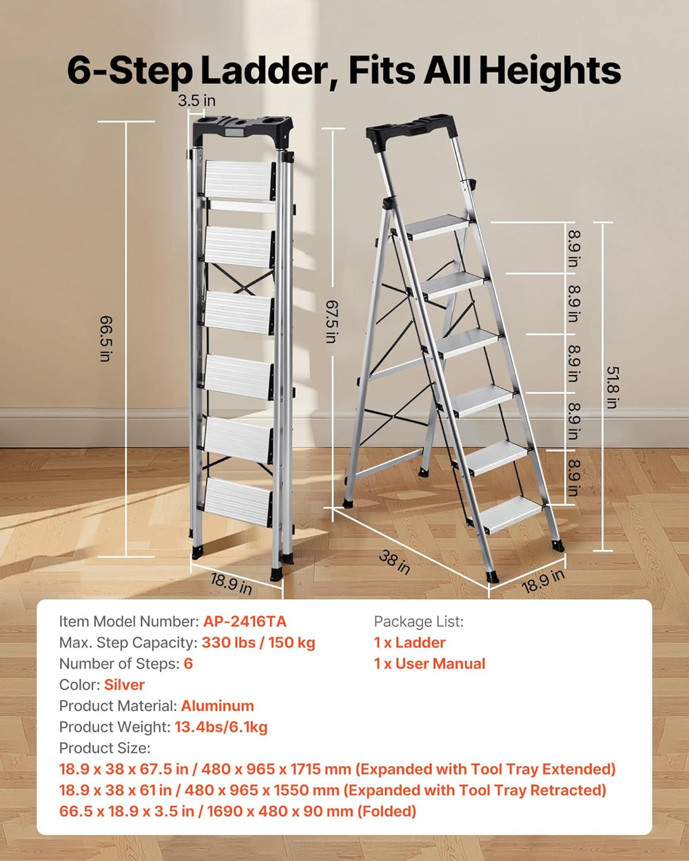 VEVOR 6 Step Ladder, Folding Step Stool with Wide Anti-Slip Pedal and Comfort...